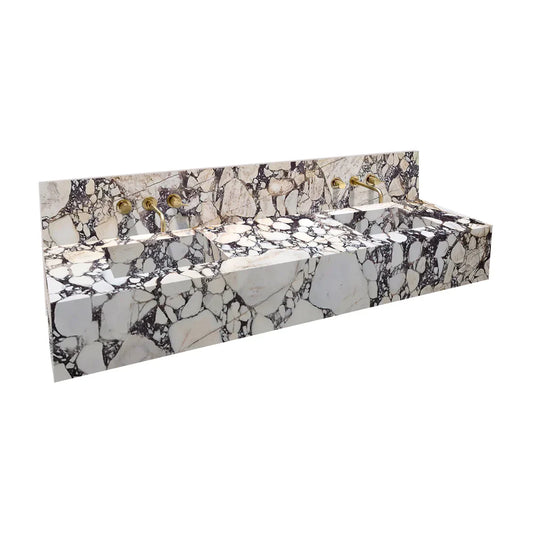 Calacatta Viola Marble Double Sink Wall-mount Bathroom Sink with 10" Backsplash (W)20" (L)80" (H)8".