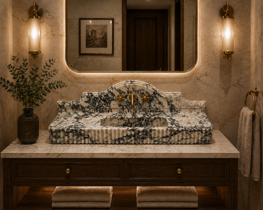 White Calacatta Marble Wall-Mount Sink ā carved from a single block of natural stone, no two pieces alike