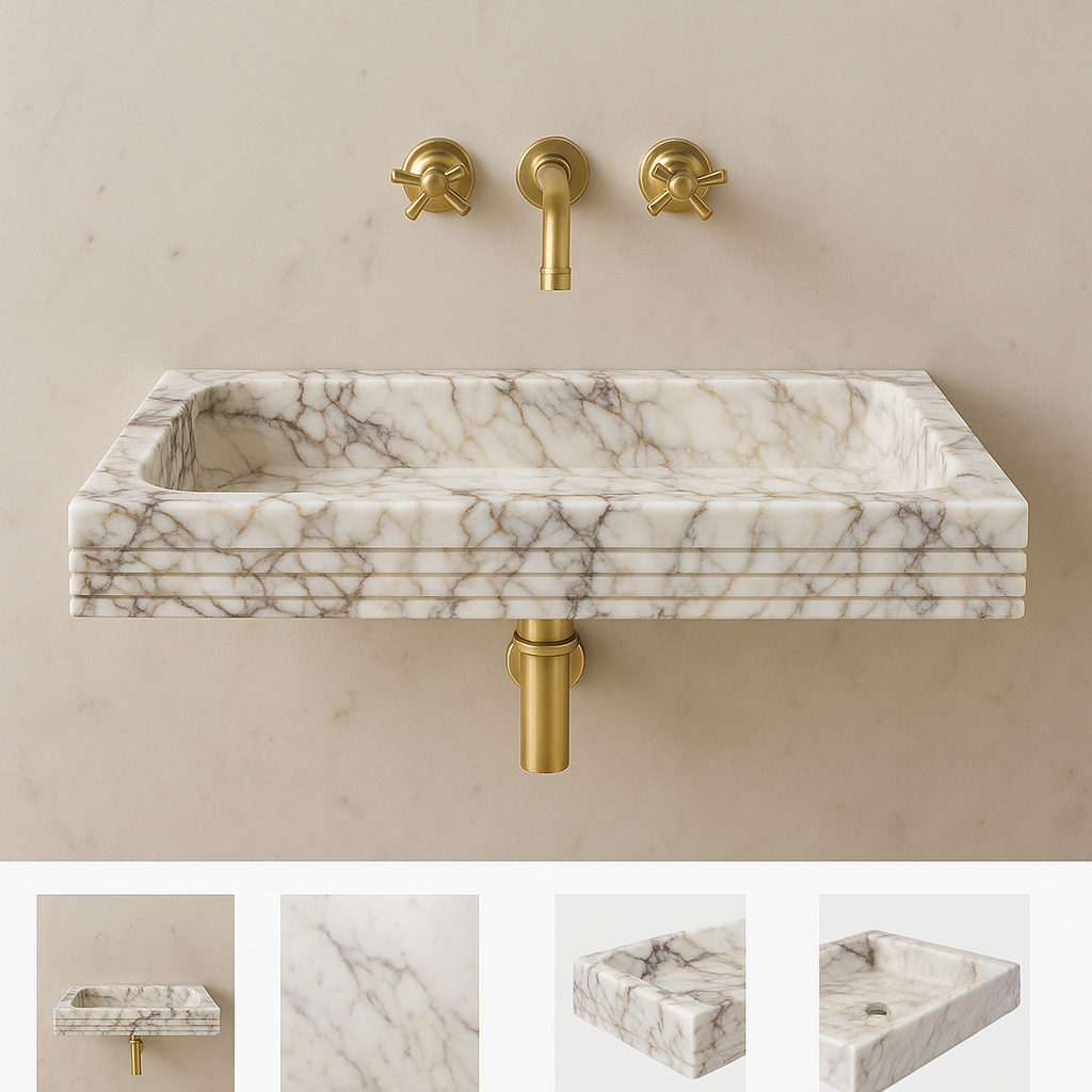 Calacatta Viola Marble Vessel Sink with polished finish and minimalist design, featuring elegant brass fixtures.