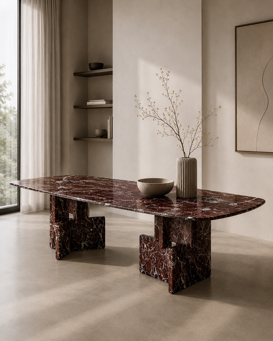 Cherry Red marble dining table styled in a pale, minimalist dining room
