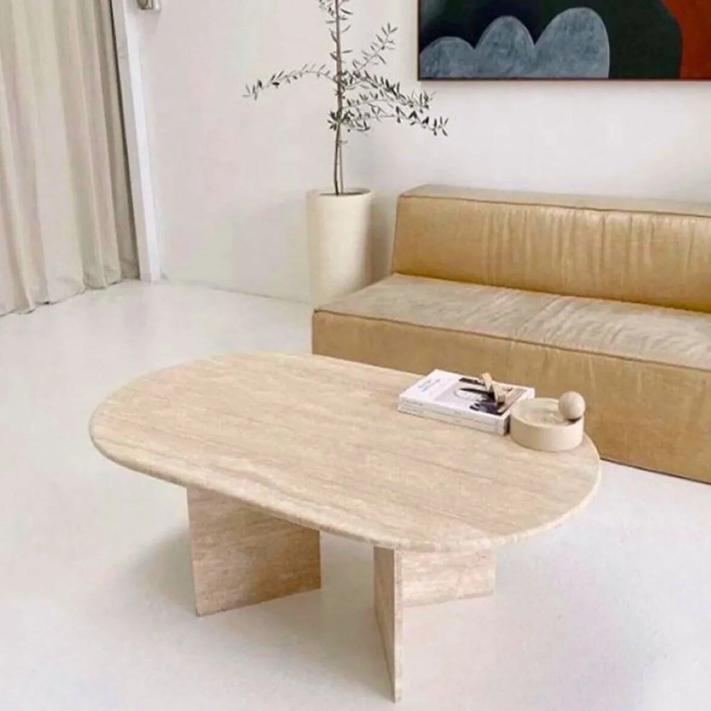 Elegant travertine coffee table showcasing natural stone texture ideal for sophisticated living room decor
