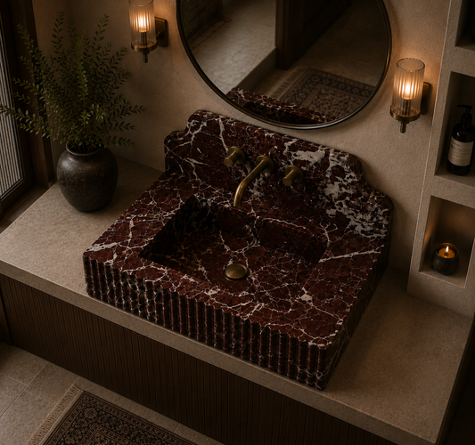 Red Lavante Rosso Marble Vessel Sink ā carved from a single block of natural stone, no two pieces alike