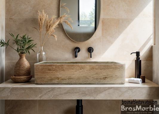 Beige Custom Travertine Vessel Sink ā carved from a single block of natural stone, no two pieces alike