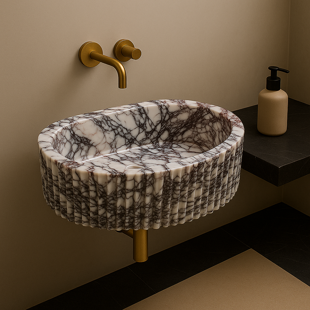 White Viola Calacatta Vessel Sink in natural marble — carved from a single block of natural stone, no two pieces alike