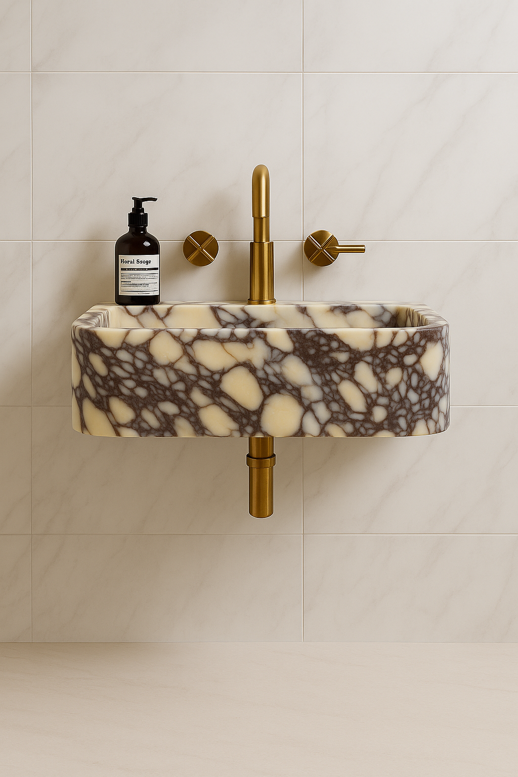 Calacatta Viola marble sink with bold veining in rich purples and soft whites, wall-mounted in a luxury bathroom setting.