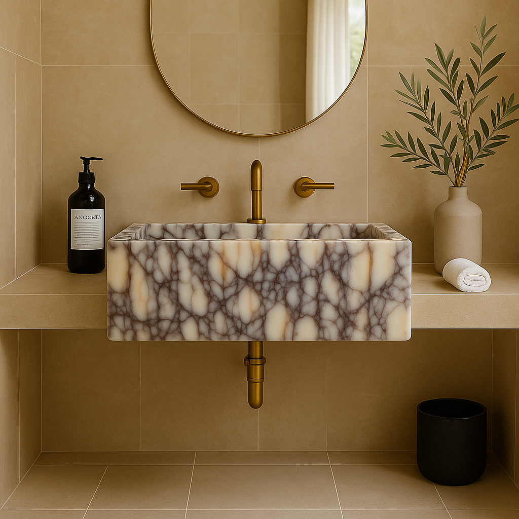 Luxury Calacatta Viola marble sink with bold veining in modern bathroom setting, featuring gold faucets and minimalist decor.