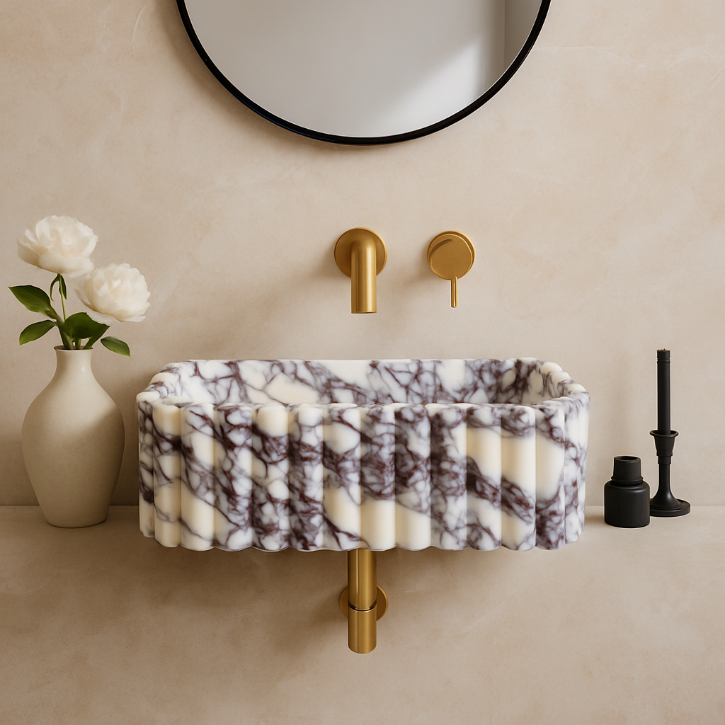 Calacatta Viola marble sink with bold veining, wall-mounted with gold fixtures in a modern bathroom setting.