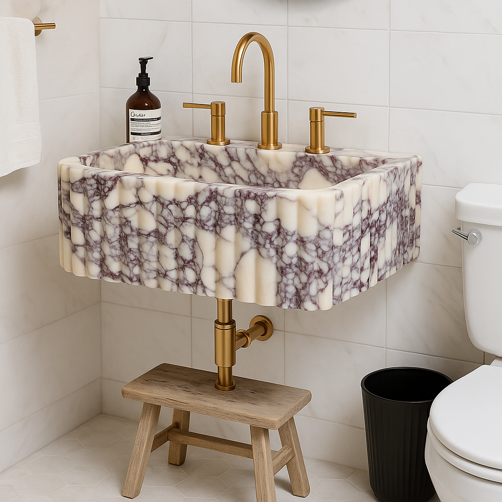 Calacatta Viola marble sink with rich purple veining, gold faucets, and a wooden stand in a modern bathroom setting.