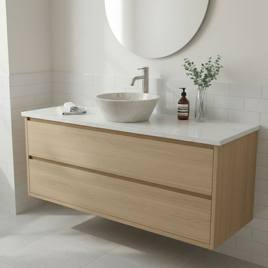 Beige Marble Conical Vessel Sink — carved from a single block of natural stone, no two pieces alike