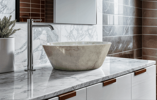 Elegant beige marble sink showcasing exquisite craftsmanship and timeless design for luxurious bathroom decor