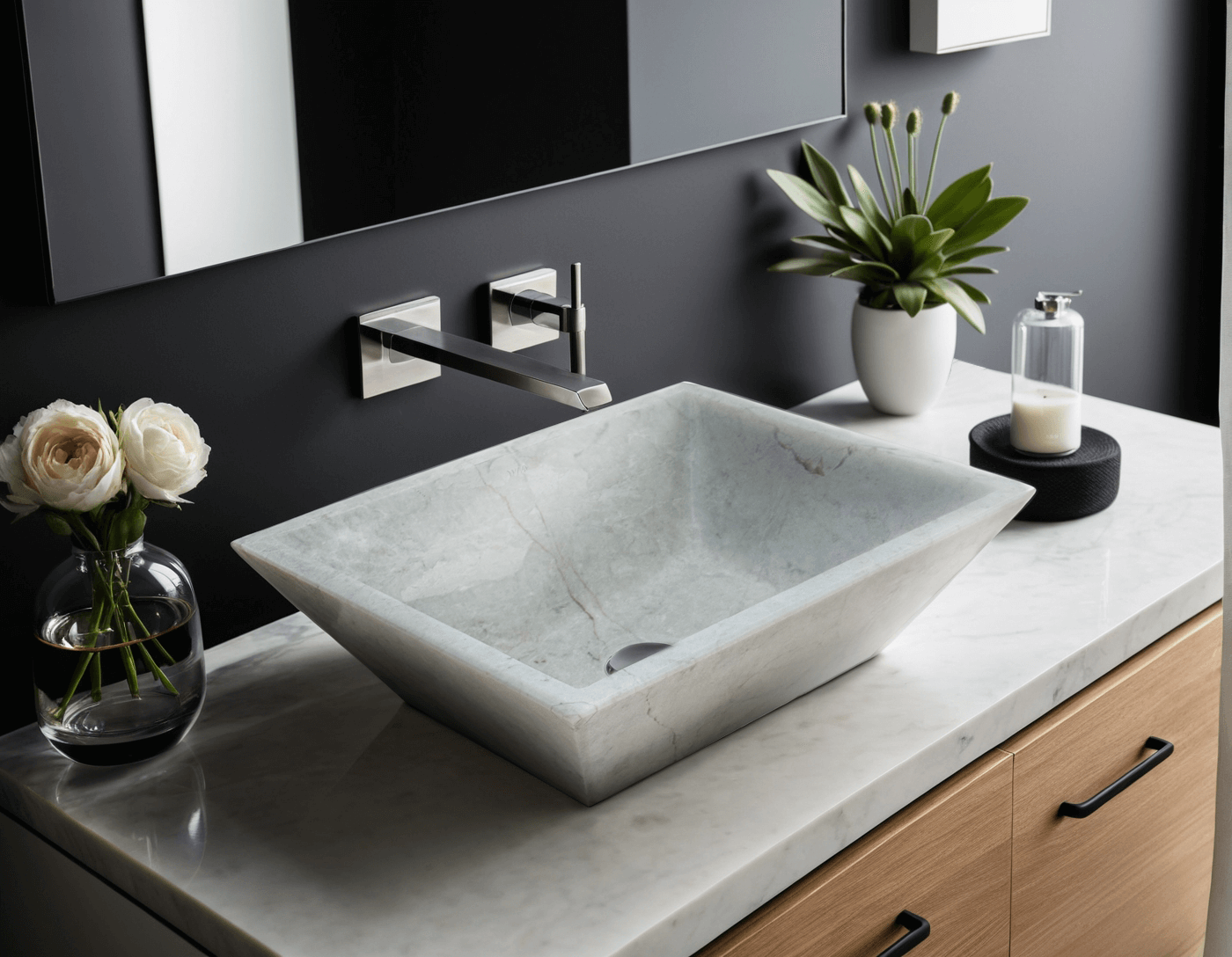 Beige marble vessel sink with polished finish in a modern bathroom setting, showcasing minimalist design and craftsmanship.