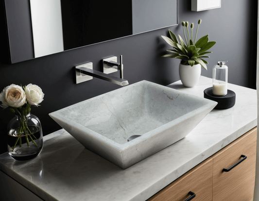 Beige Marble Rectangular Vessel Sink ā carved from a single block of natural stone, no two pieces alike