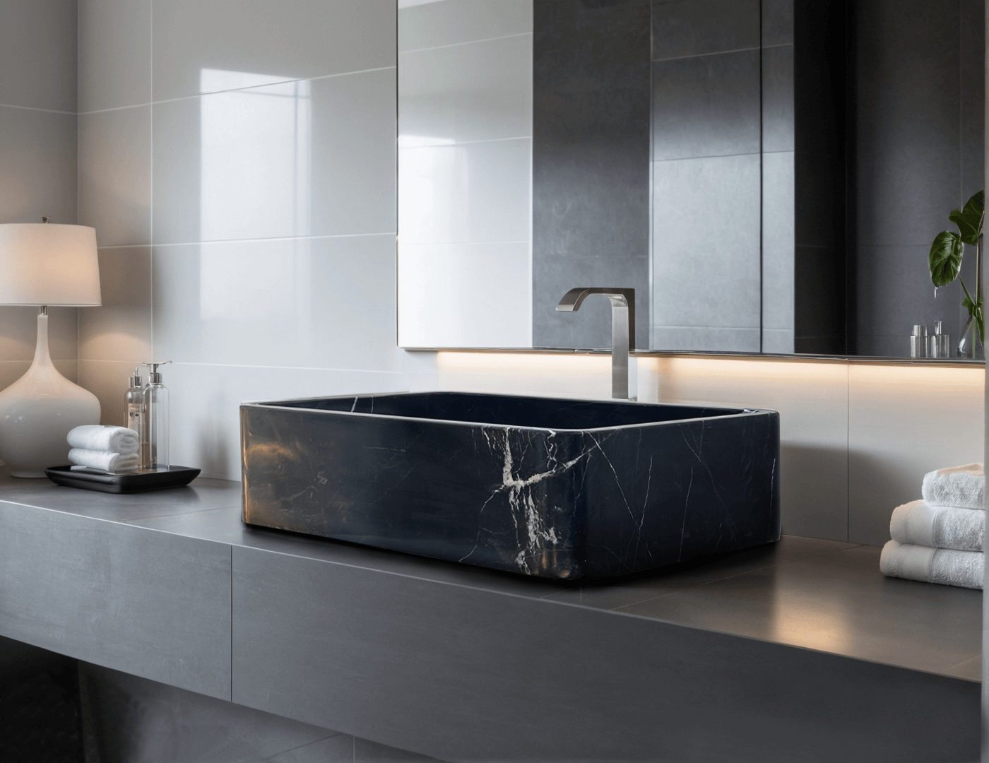 Luxury black marble vessel sink with polished finish, showcasing minimalist design in a modern bathroom setting.