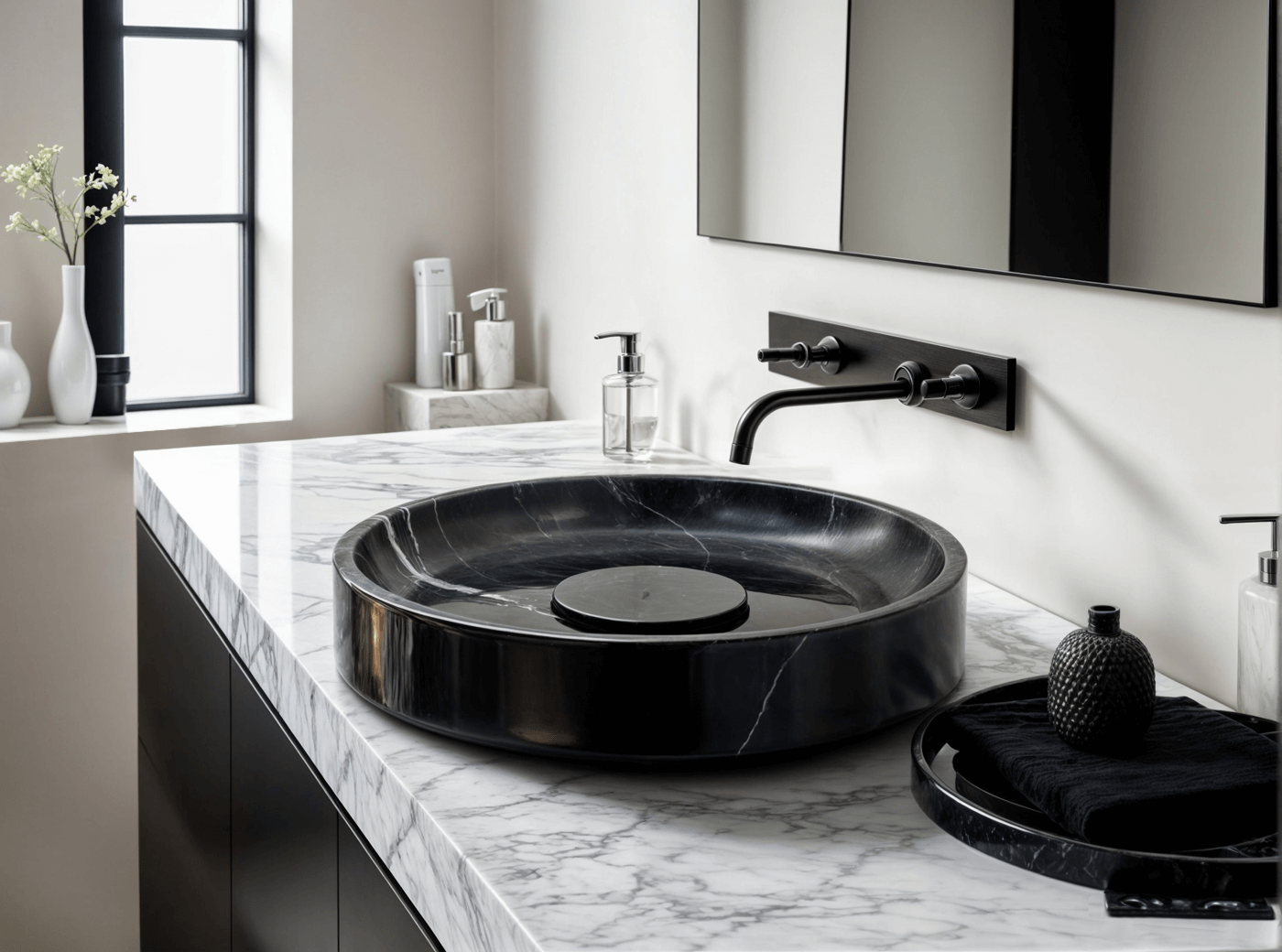 Elegant black marble vessel sink with polished finish and minimalist design on a white marble countertop.