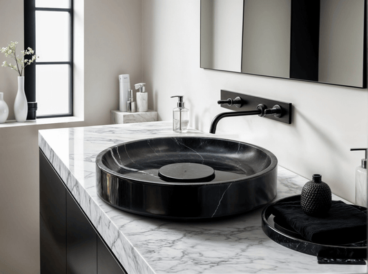 Black Marble Shallow Round Vessel Sink ā carved from a single block of natural stone, no two pieces alike
