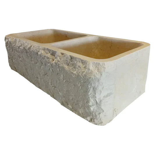 Botticino Beige Marble Farmhouse Apron Kitchen Double Sink (W)16" (L)32" (H)10".