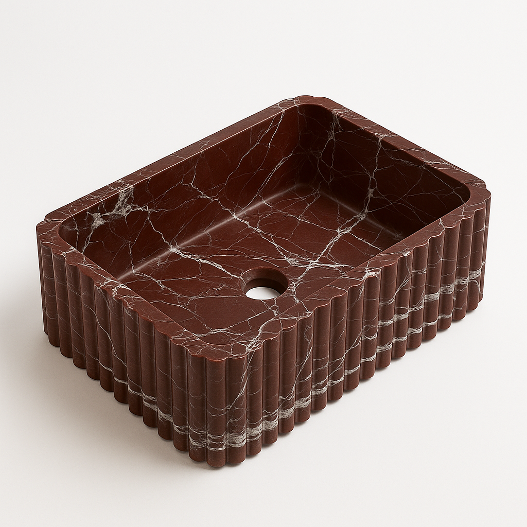 Handcrafted Rosso Marble Vessel Sink with polished finish and minimalist design. Unique red hues and natural veining.