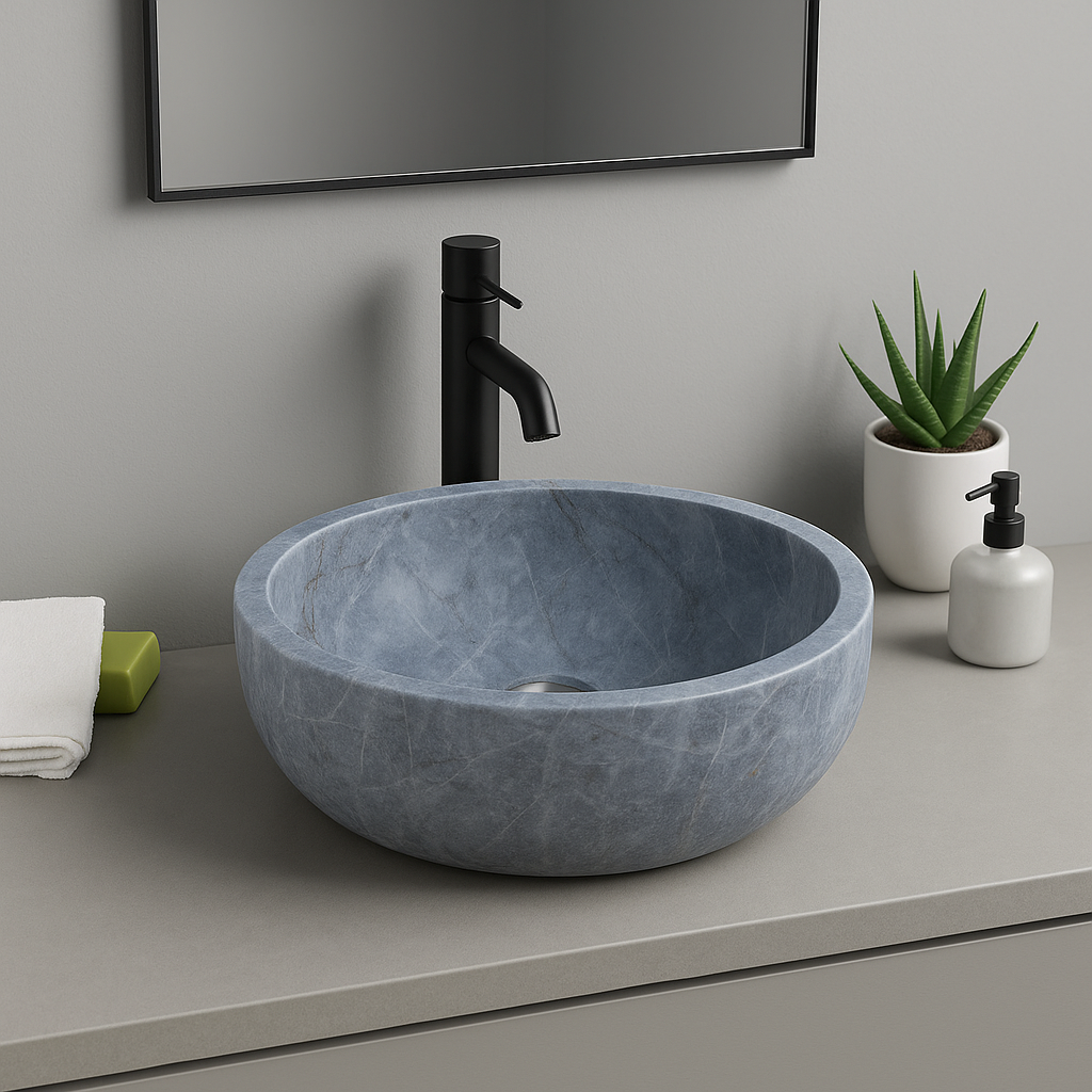Elegant blue marble vessel sink with polished finish in a minimalist bathroom design.