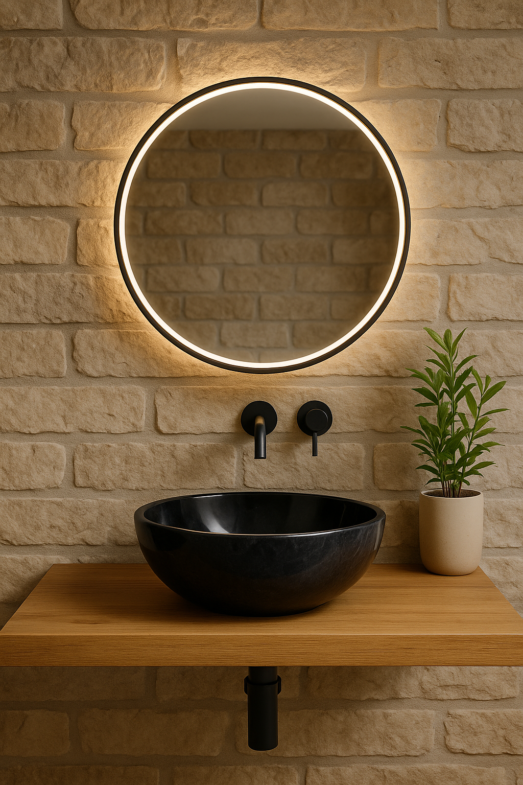Elegant black marble vessel sink on wooden countertop with round mirror and modern fixtures in minimalistic bathroom setting.