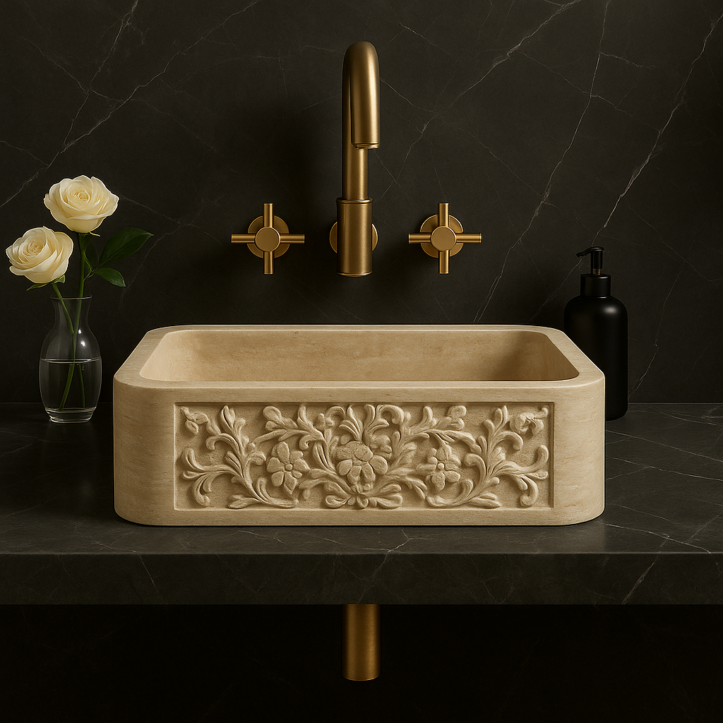 Troia Marble Sink with hand-carved detail, polished finish, and minimalist design in luxury bathroom setting.