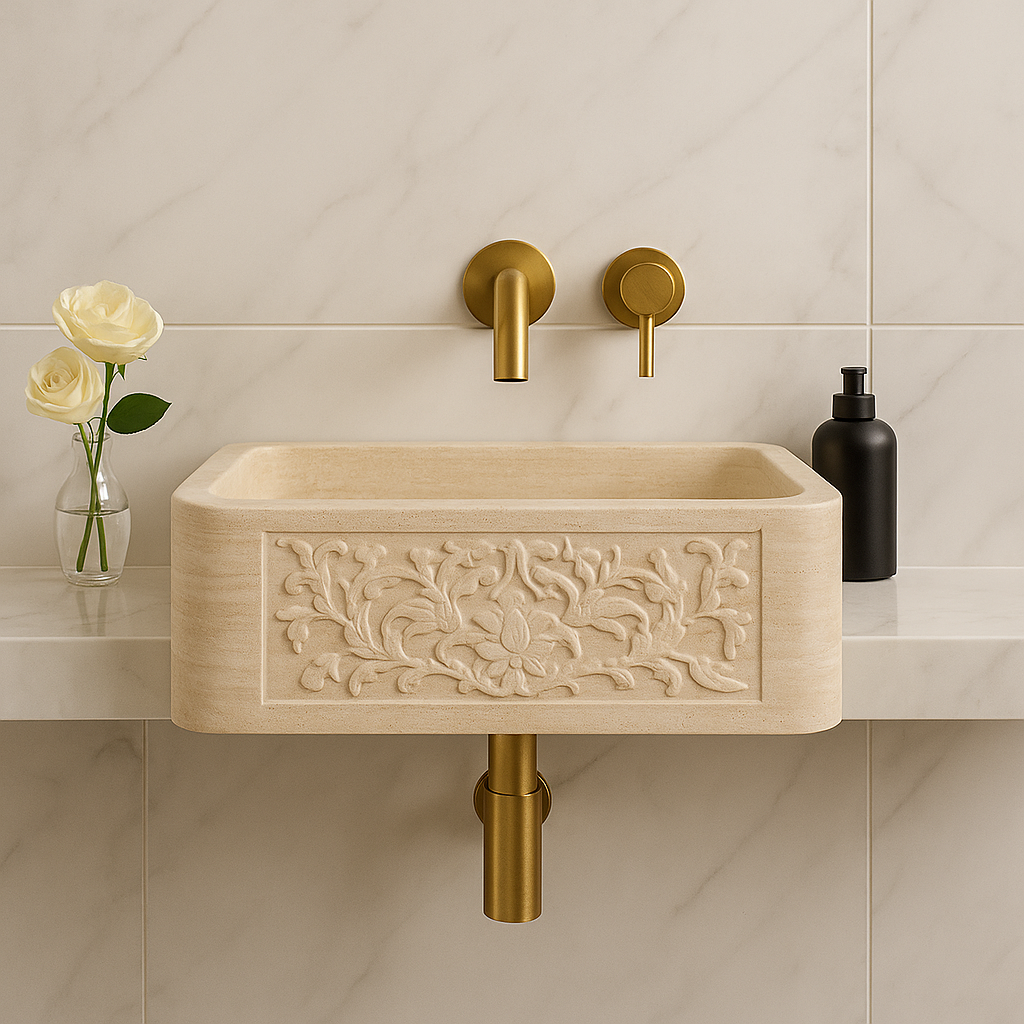 Troia Marble Vessel Sink with hand-carved detail and polished finish, showcasing minimalist design and craftsmanship.