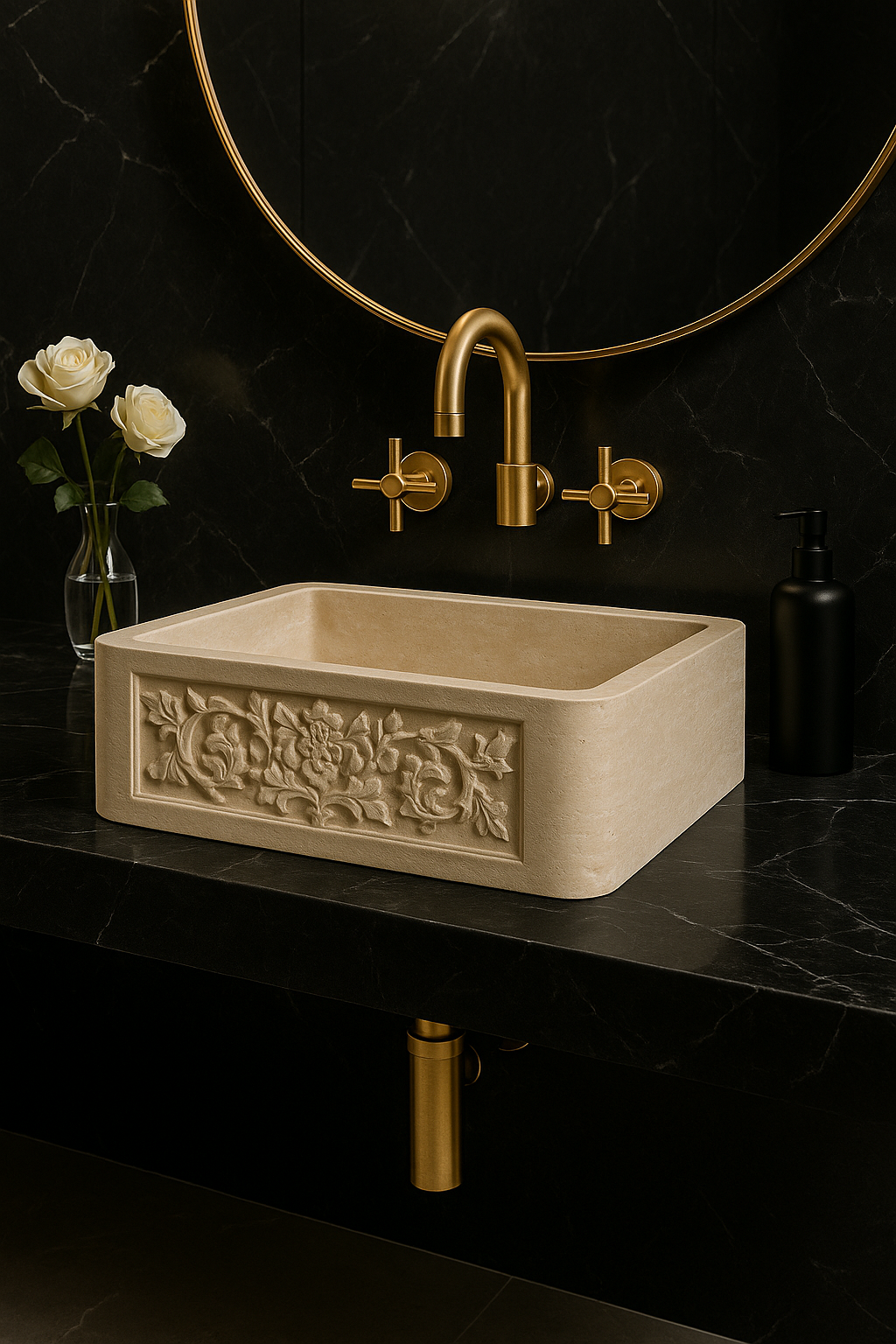 Troia Marble Vessel Sink with hand-carved detail in a minimalist design and polished finish against a dark marble backdrop.