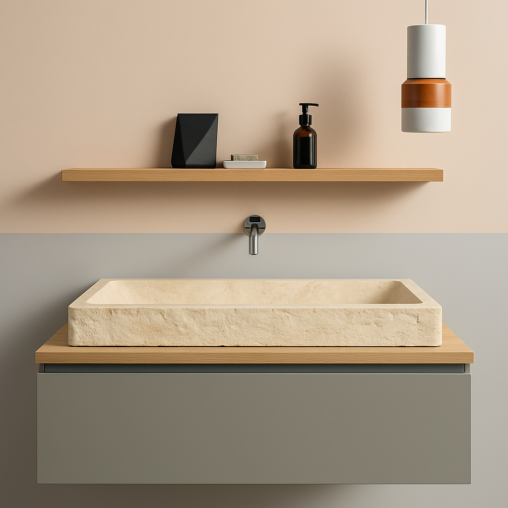 Troia Travertine vessel sink with minimalist design on a modern wooden vanity in upscale bathroom setting.