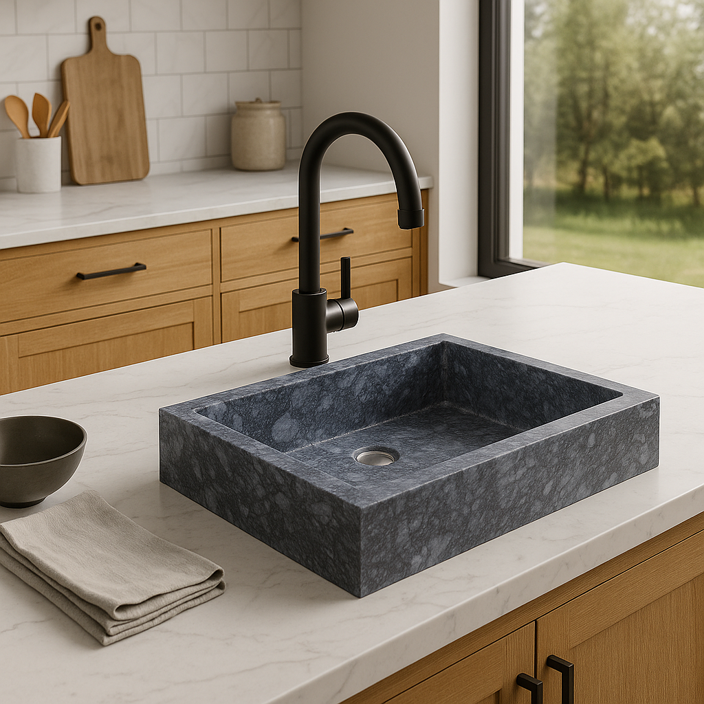 Grey marble vessel sink with polished finish, showcasing minimalist design in modern kitchen setting.
