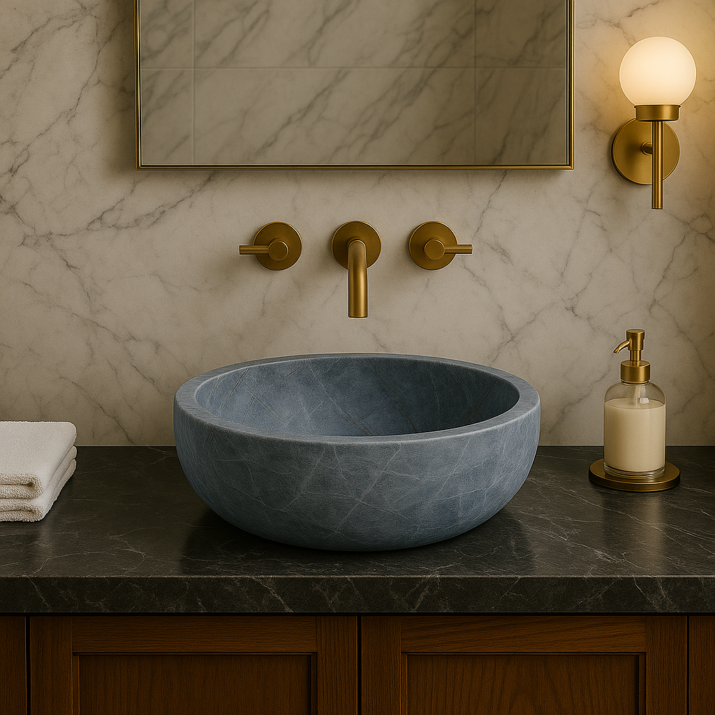 Sirius Silver Marble Vessel Sink with polished finish in minimalist bathroom design, showcasing elegant craftsmanship.