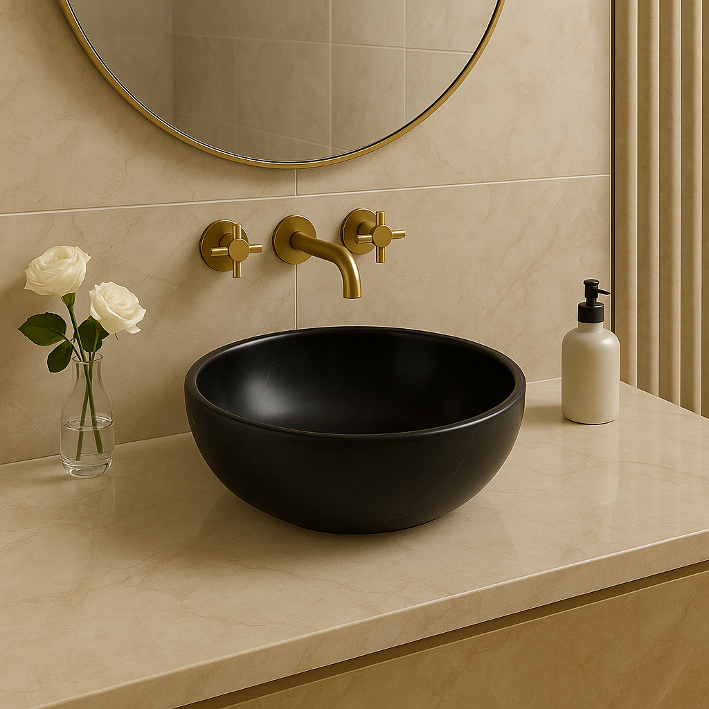 Elegant black marble vessel sink with polished finish in a minimalist bathroom design, complemented by gold fixtures.