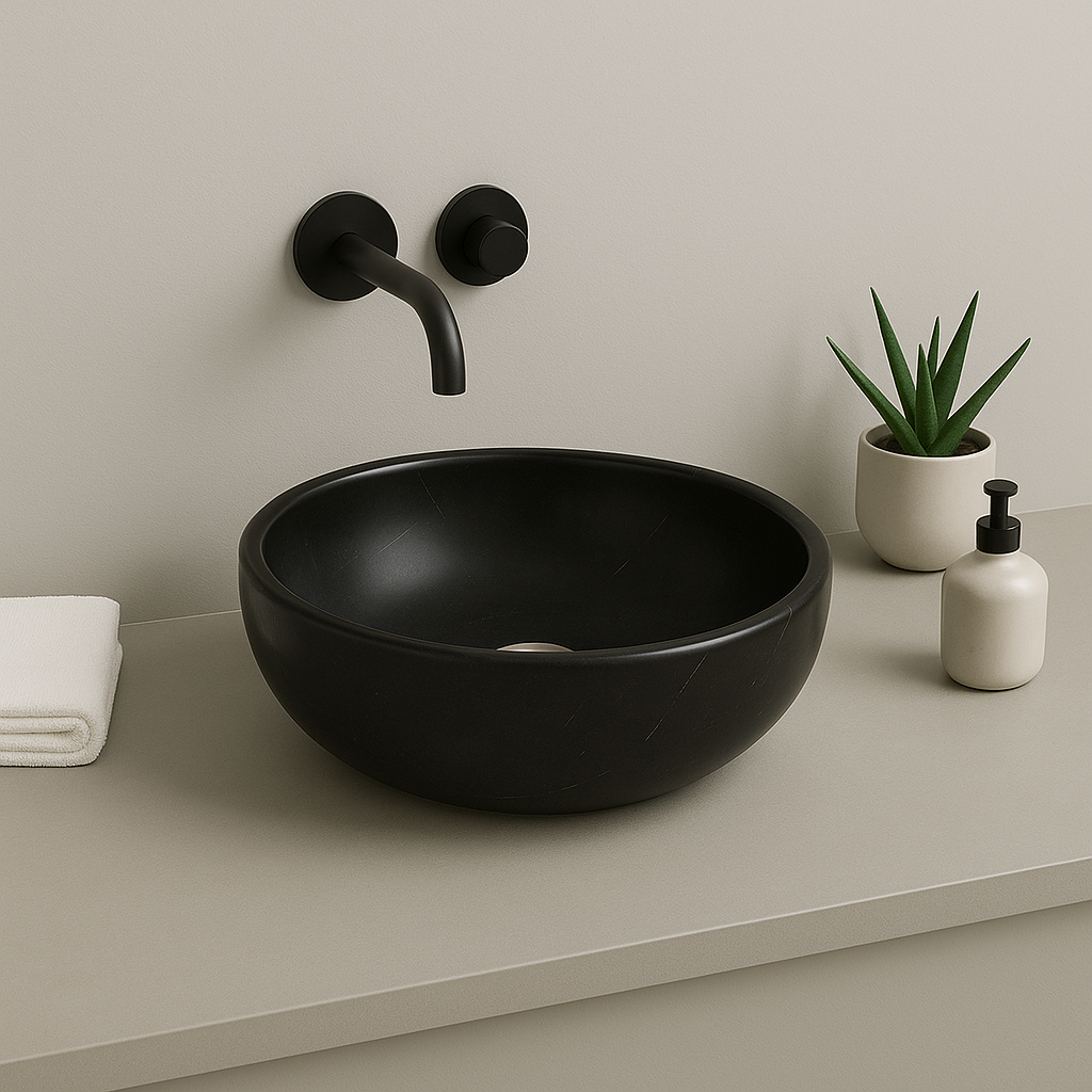 Elegant round black marble vessel sink with polished finish, minimalist design, set against a neutral wall.
