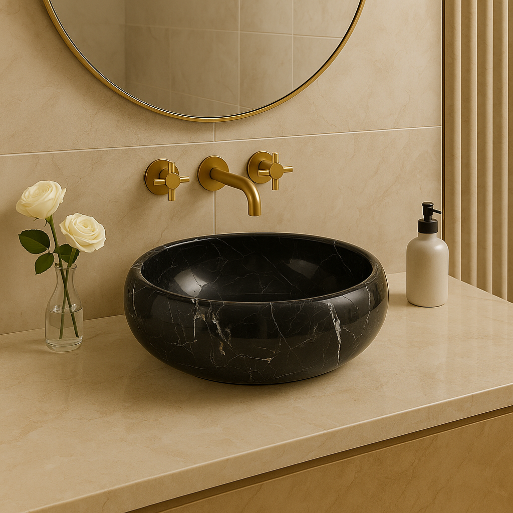 Bros Black Marble Vessel Sink with polished finish, set in a modern bathroom with minimalist design elements.