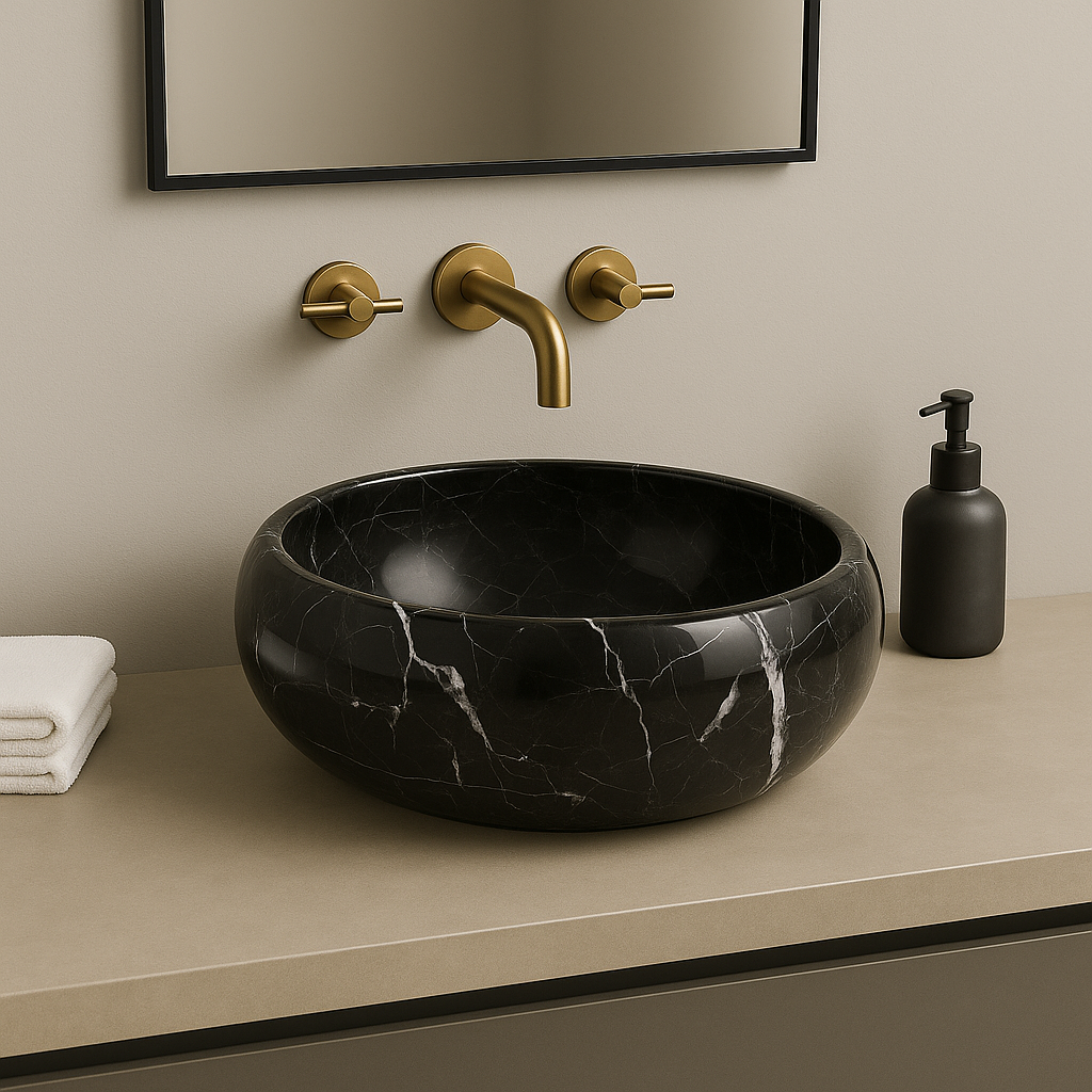 Bros Black Marble Vessel Sink with polished finish, showcasing minimalist design and natural stone elegance in modern bathroom.