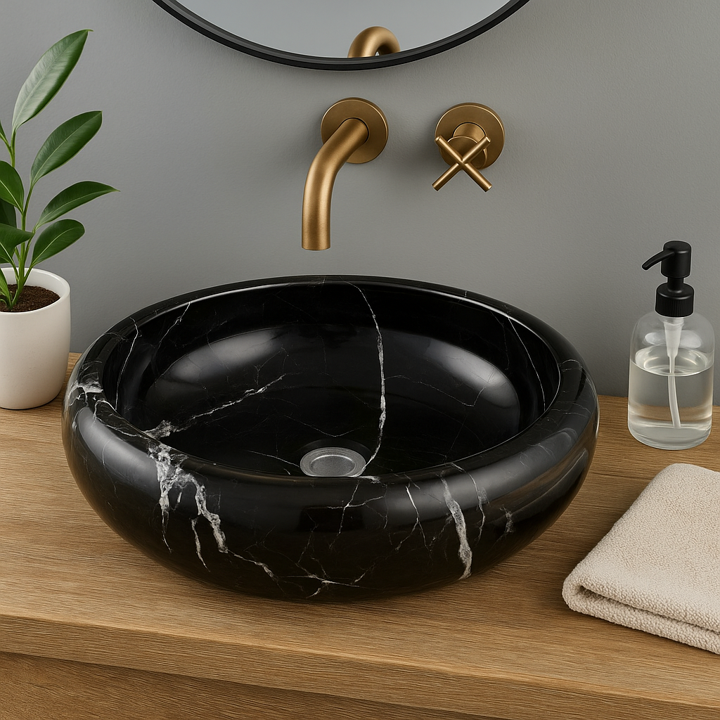Bros black marble vessel sink with polished finish, showcasing minimalist design in a modern bathroom setting.