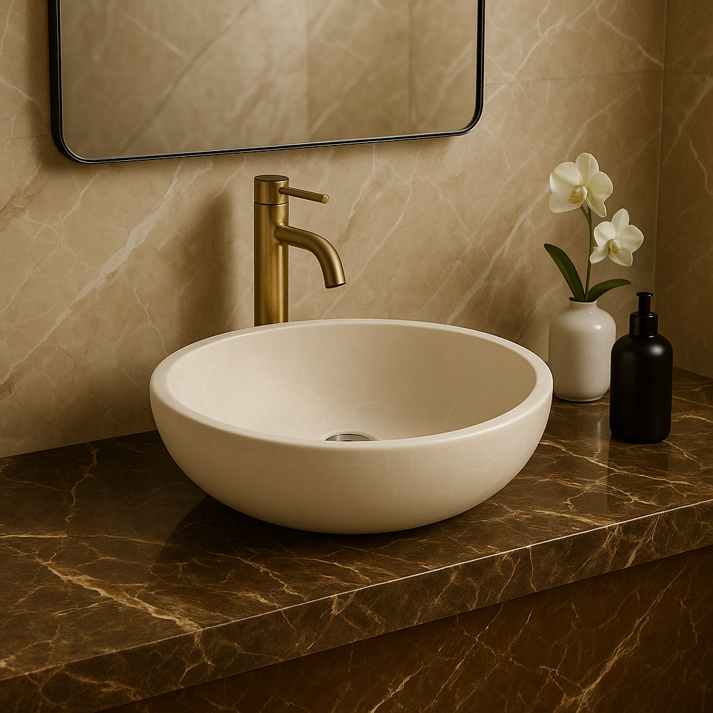 Elegant Botticino marble vessel sink with polished finish and minimalist design, showcased in a modern bathroom setting.