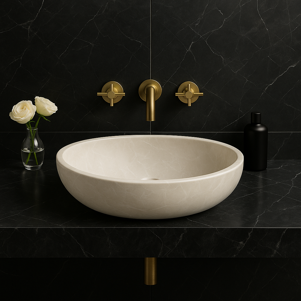 Botticino marble vessel sink with polished finish in minimalist design on dark stone countertop.