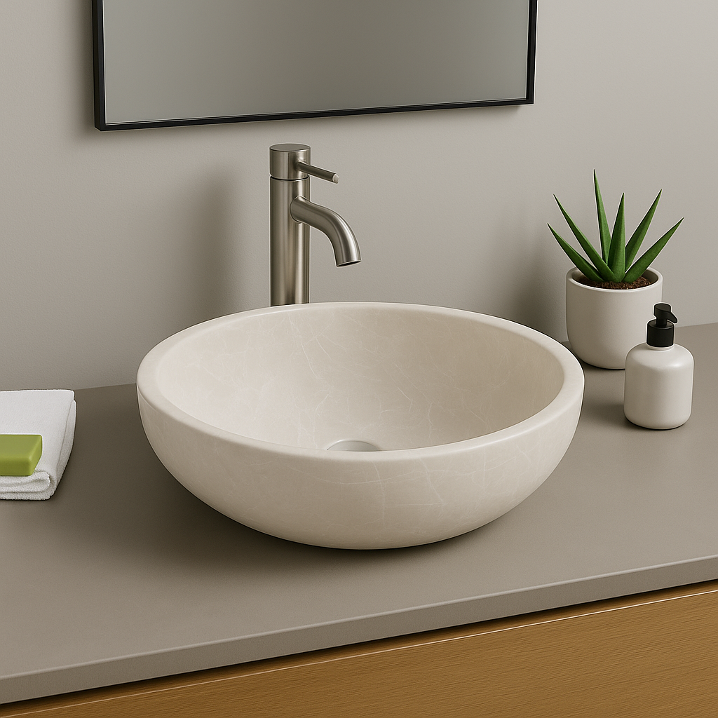 Botticino marble vessel sink with polished finish, showcasing minimalist design and natural elegance in a modern bathroom.