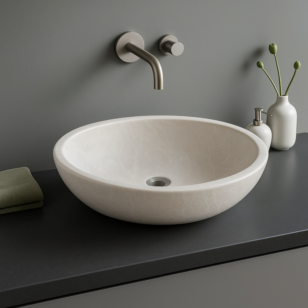 Botticino marble vessel sink with polished finish, showcasing minimalist design and handcrafted quality.