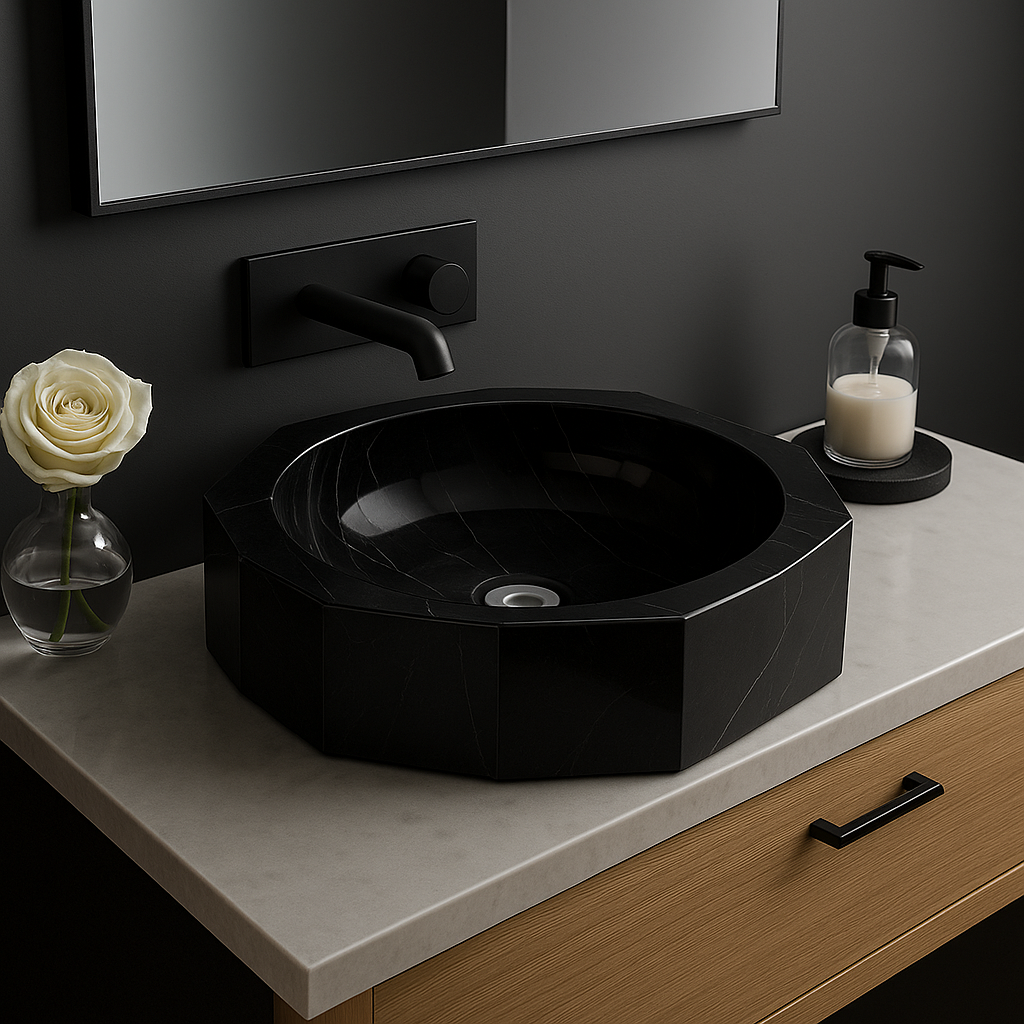Geometric black marble vessel sink with polished finish in modern bathroom setting, highlighting minimalist design.