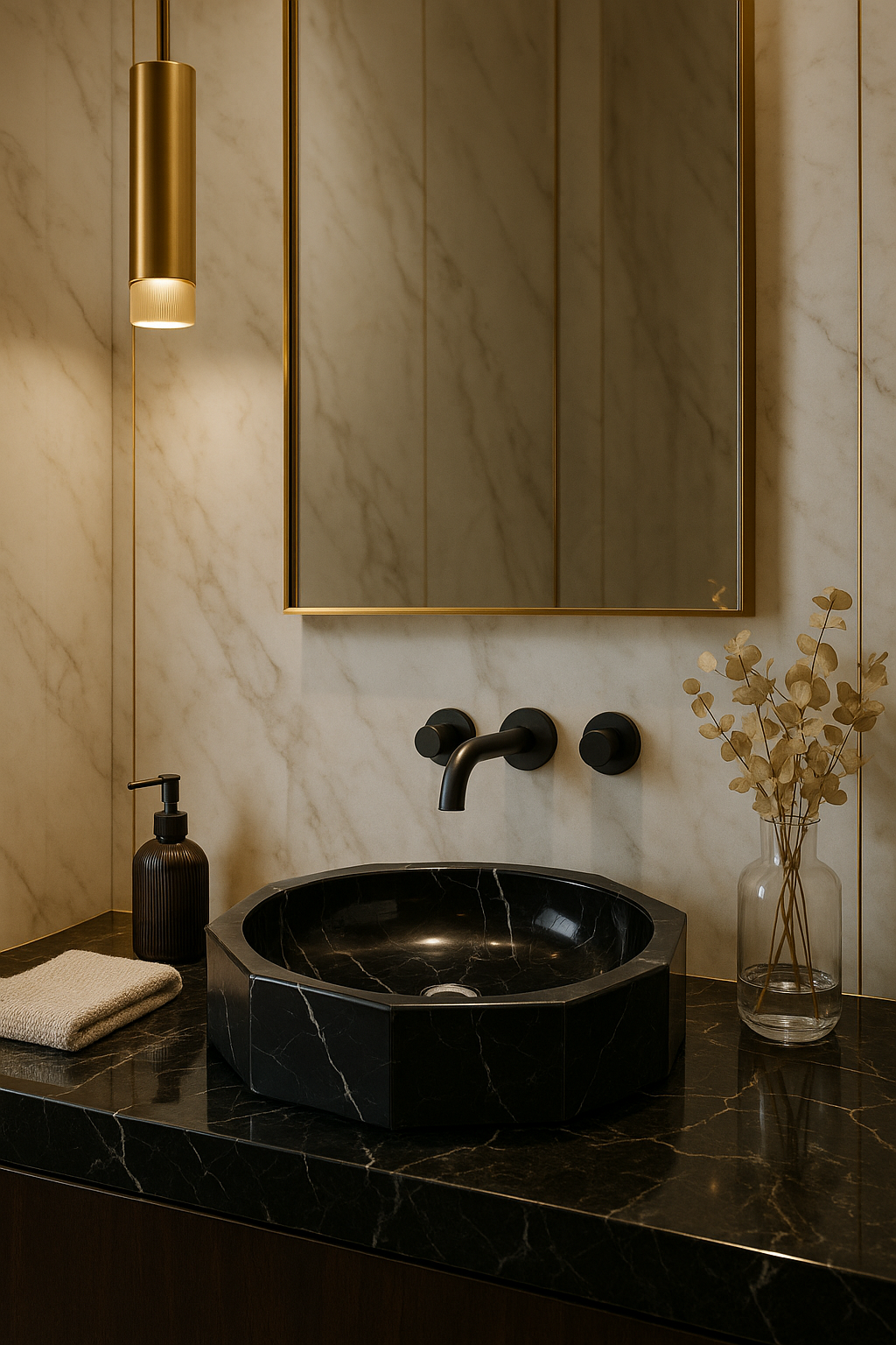 Geometric black marble vessel sink in modern bathroom, featuring polished finish and minimalist design elements.