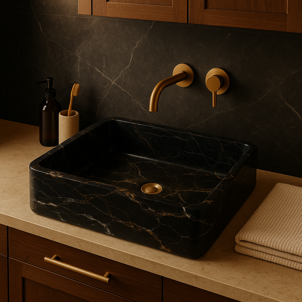 Luxury black marble vessel sink with polished finish, minimalist design and elegant gold fixtures in upscale bathroom.