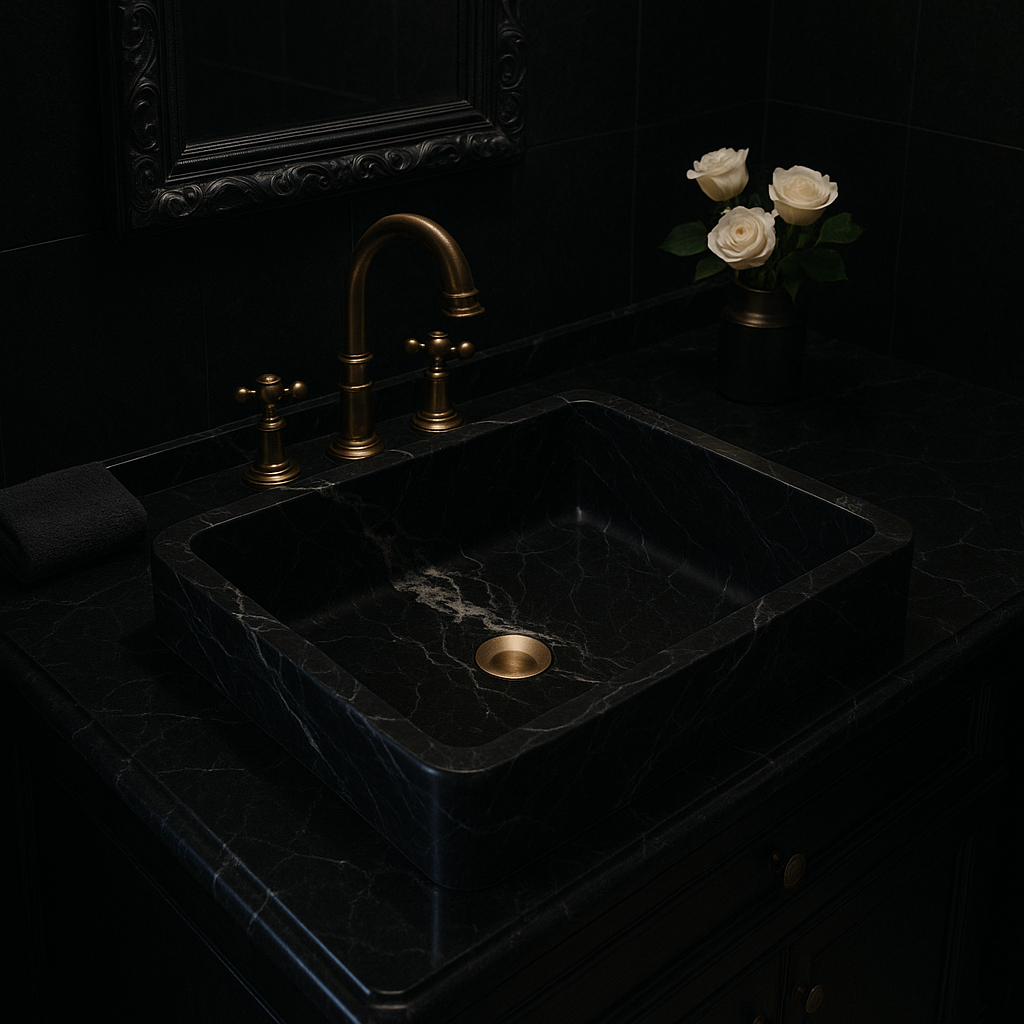 Luxury black marble vessel sink with polished finish, minimalist design, and gold faucet in an upscale bathroom.