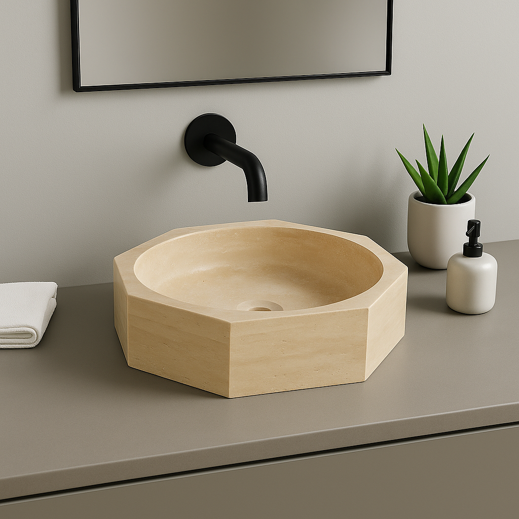 Handcrafted light beige marble vessel sink with polished finish, featuring a minimalist octagonal design.