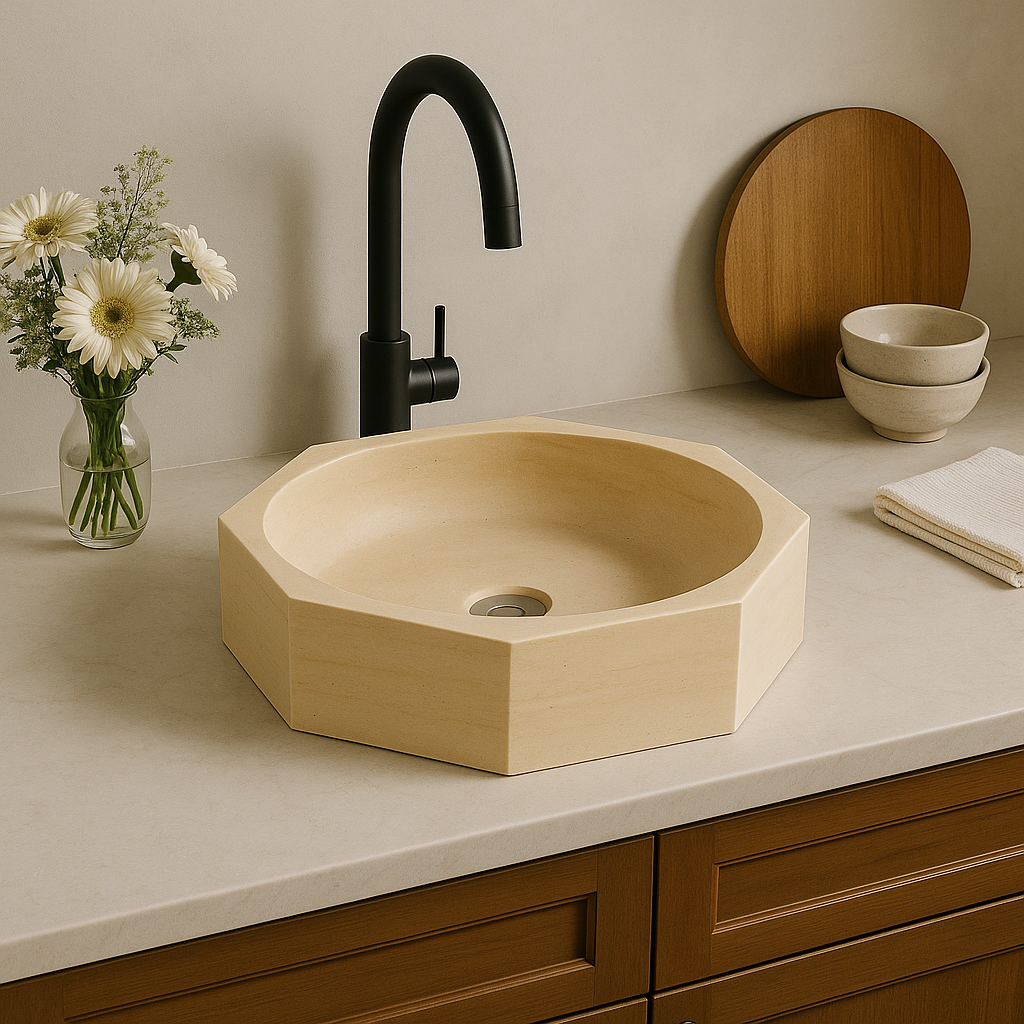 Light beige marble vessel sink with polished finish, showcasing minimalist design and natural stone craftsmanship.