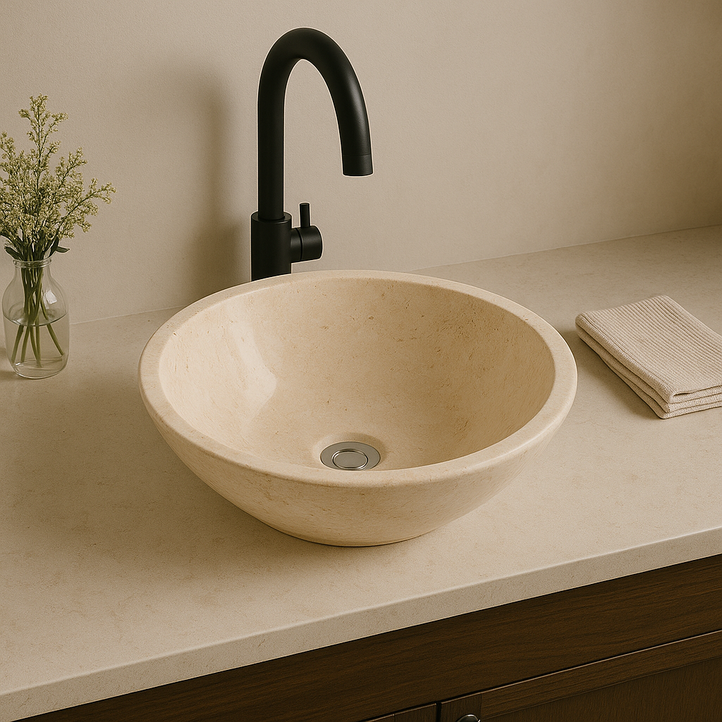 Cappuccino marble vessel sink with polished finish, showcasing minimalist design and natural stone elegance.