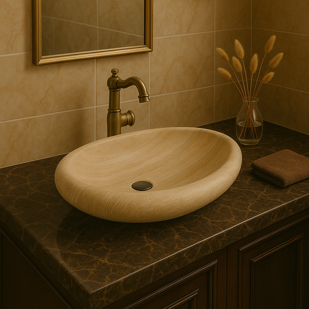 Natural travertine vessel sink with polished finish, minimalist design, enhancing luxury bathroom decor.