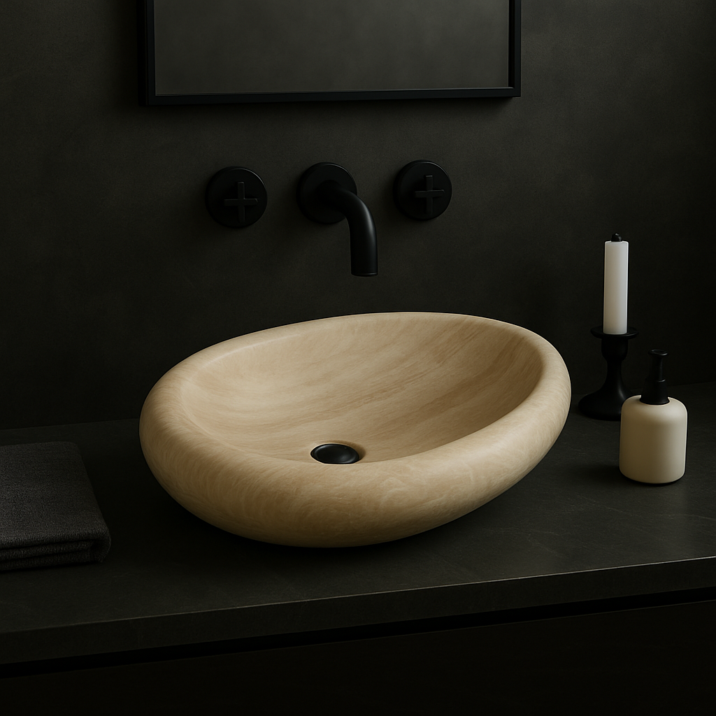 Drop-pattern travertine vessel sink with polished finish in a minimalist bathroom design.