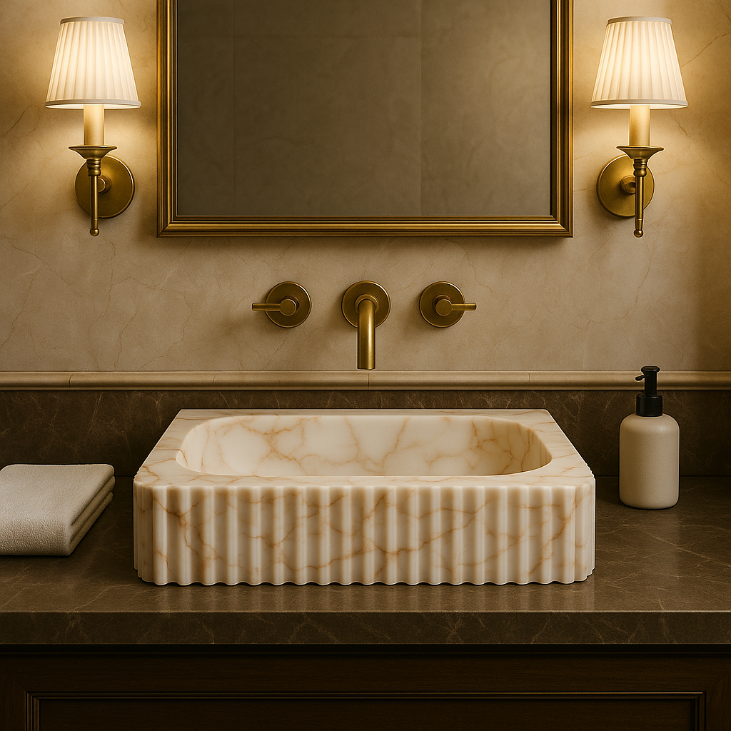 Elegant Calacatta marble vessel sink with polished finish in a luxury bathroom. Minimalist design enhances modern interiors.