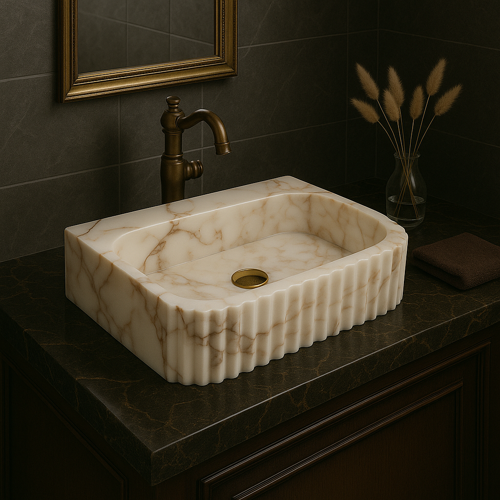 Calacatta marble vessel sink with polished finish, featuring minimalist design and elegant grooves in luxury bathroom setting.