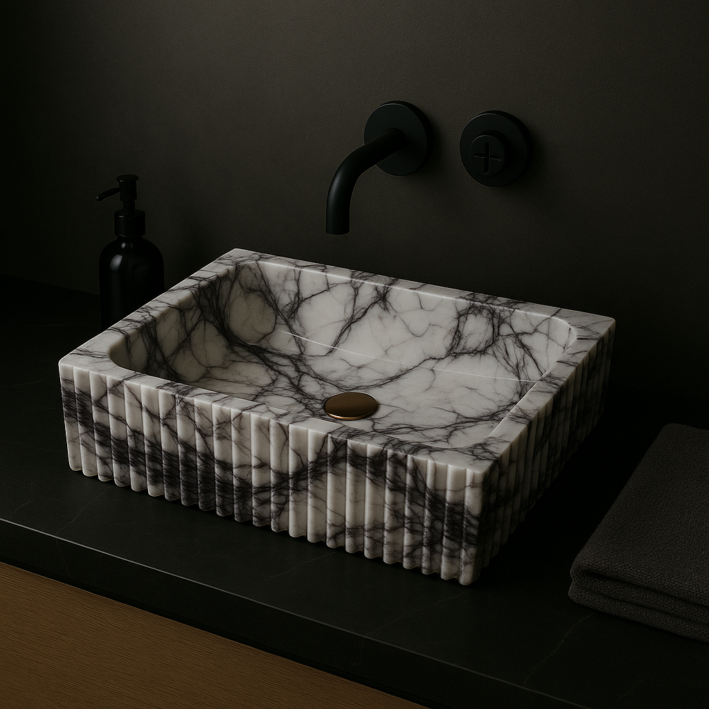 Luxurious marble vessel sink showcasing polished finish and minimalist design, ideal for contemporary bathrooms.
